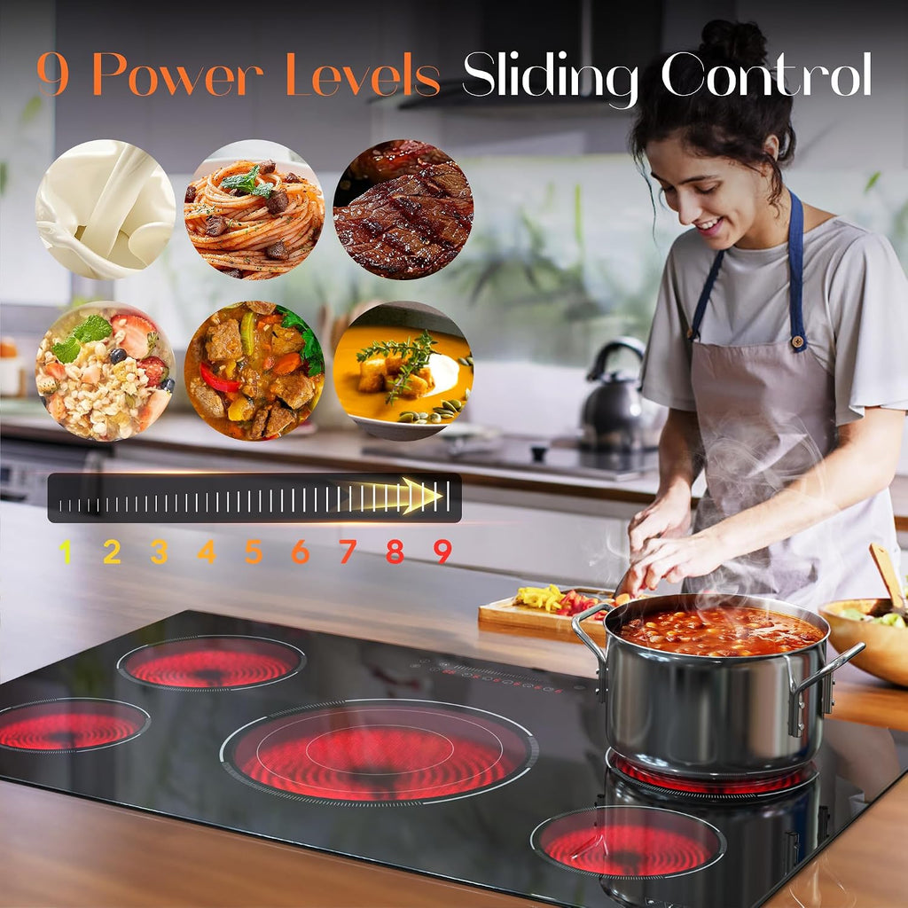 36 Inch Electric Cooktop, 5 Burner Electric Cooktop Bulit in, 9200W, 9 Power Levels, Electrics Stove with Timer, Safety Lock, Pause, 220V-240V Hard Wire
