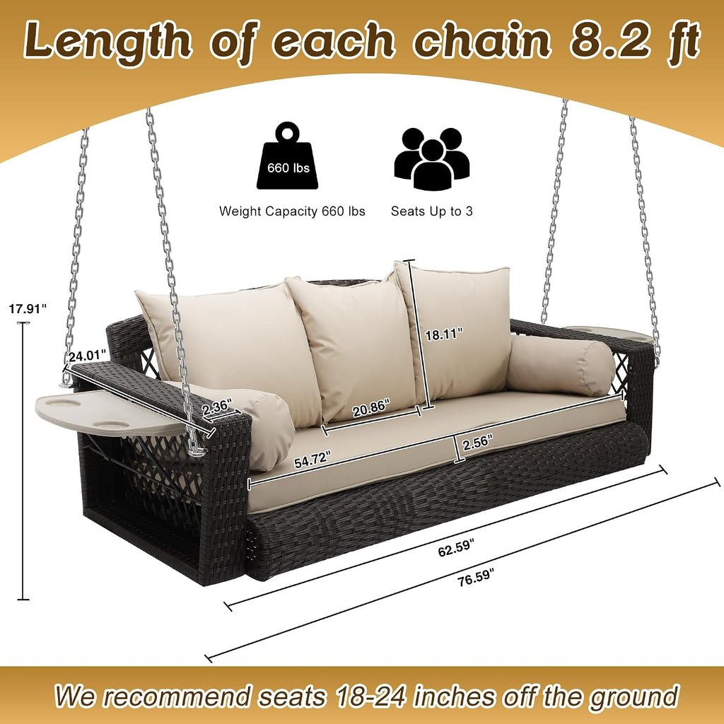 Wicker Porch Swing, 3-Seats Person Rattan Hanging Swing Chair, Patio Grey Outdoor Rattan Swing Bench with Cushion for Patio Backyard Poolside Garden, Khaki