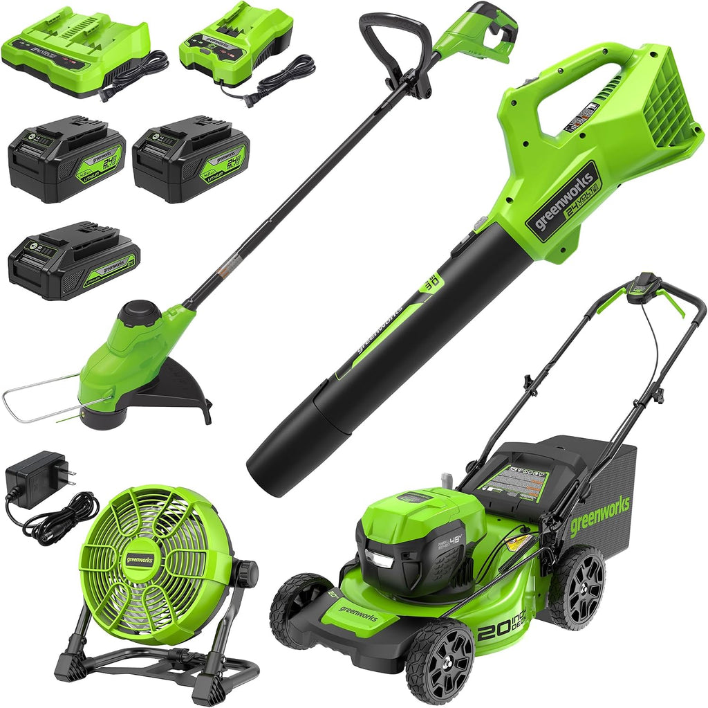 Greenworks 48V (24V x 2) Lawn Mower Combo Kit with 20' Steel Deck, 12' String Trimmer, 320 CFM Blower, 10' Fan (500 CFM) – All-in-One Cordless Combo: Ideal for Home Yard Work & Indoor Cleaning