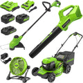 Greenworks 48V (24V x 2) Lawn Mower Combo Kit with 20' Steel Deck, 12' String Trimmer, 320 CFM Blower, 10' Fan (500 CFM) – All-in-One Cordless Combo: Ideal for Home Yard Work & Indoor Cleaning