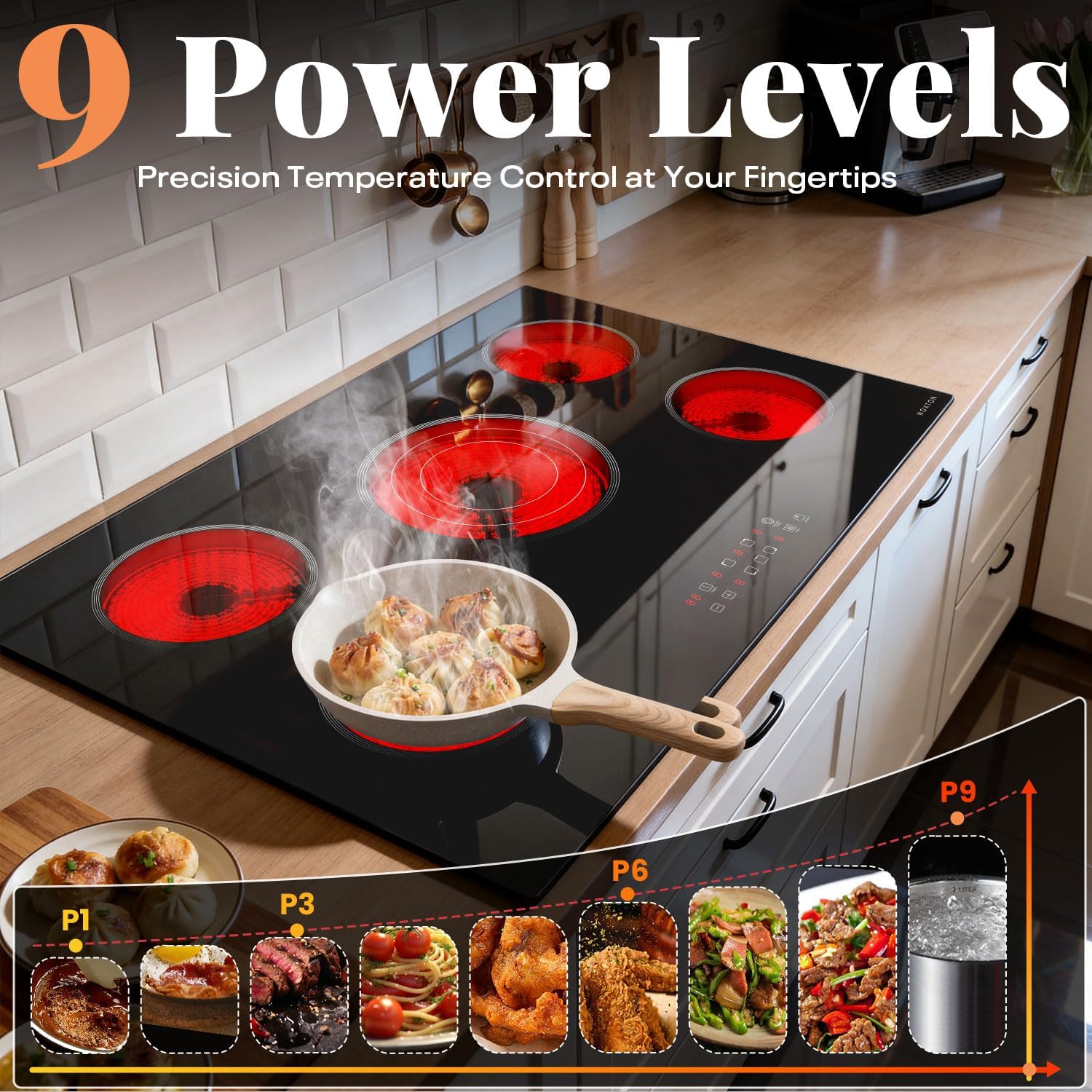 Noxton 30 Inch Electric Cooktop, 5 Burner Ceramic Cooktop with Triple Ring Expandable Burner, Built-in Radiant Electric Stove Top, 9 Power Levels, Timer, Child Safety Lock, 240V Hardwired