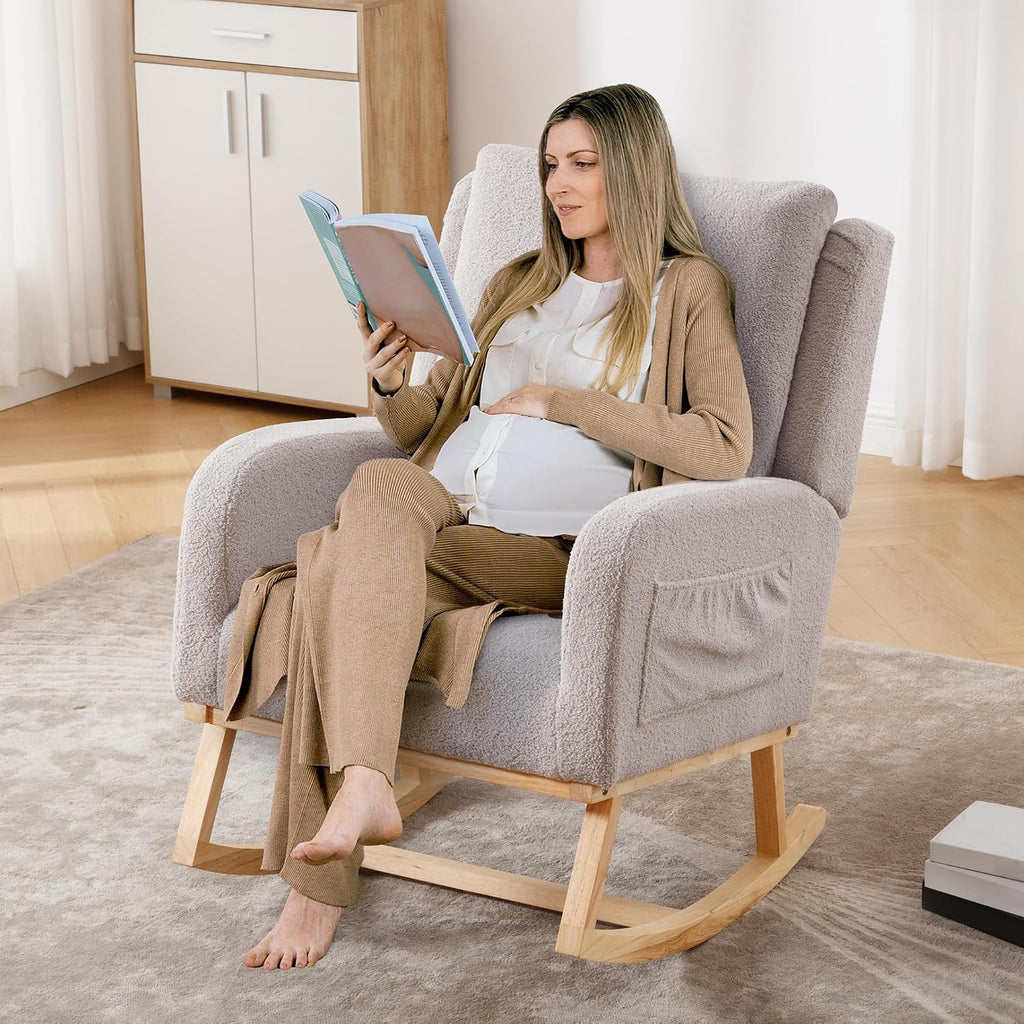 HCHAIRH Rocking Chair Nursery, Sherpa Nursing Rocking Chairs, Upholstered Nursery Glider Rocker for Mom Nursery Morden Accent Rocking Chair Pillow for Living Room,Bedroom,Teddy Light Grey