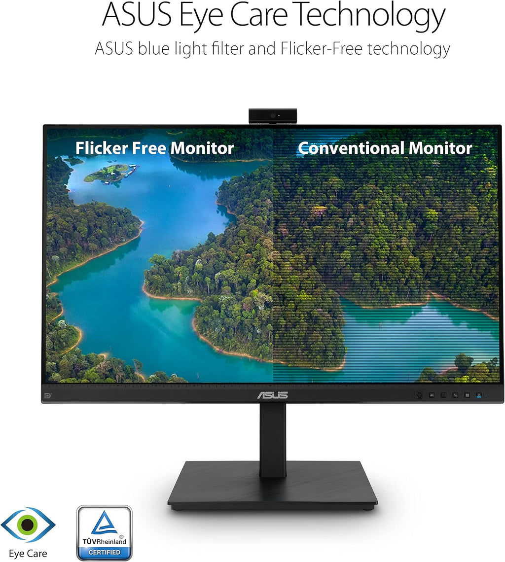 ASUS 27' 1080P Video Conference Monitor (BE279QSK) - Full HD, IPS, Built-in Adjustable 2MP Webcam, Mic Array, Speakers, Eye Care, Wall Mountable, Frameless, HDMI, DisplayPort, VGA, Height Adjustable