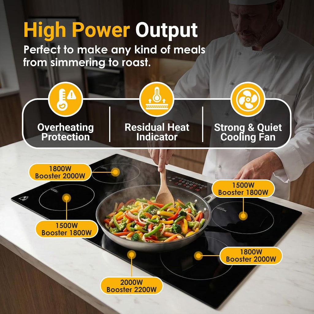 K&H 5 Burner Induction Cooktop - 36 Inch Built-In Electric Cermic Stove Top - 17 Heating Levels, 240V, 9200W High-Power Built-in Electric Stove Top - Child Lock, Timer & Touch Control - IN36-9205