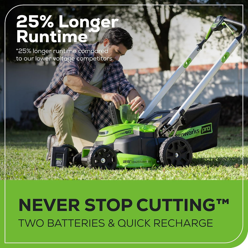 Greenworks 60V 25' Self-Propelled Cordless Lawn Mower – 2 x 4.0Ah Batteries & Fast Charger(75+ Tool Compatibility, 80Min Runtime)