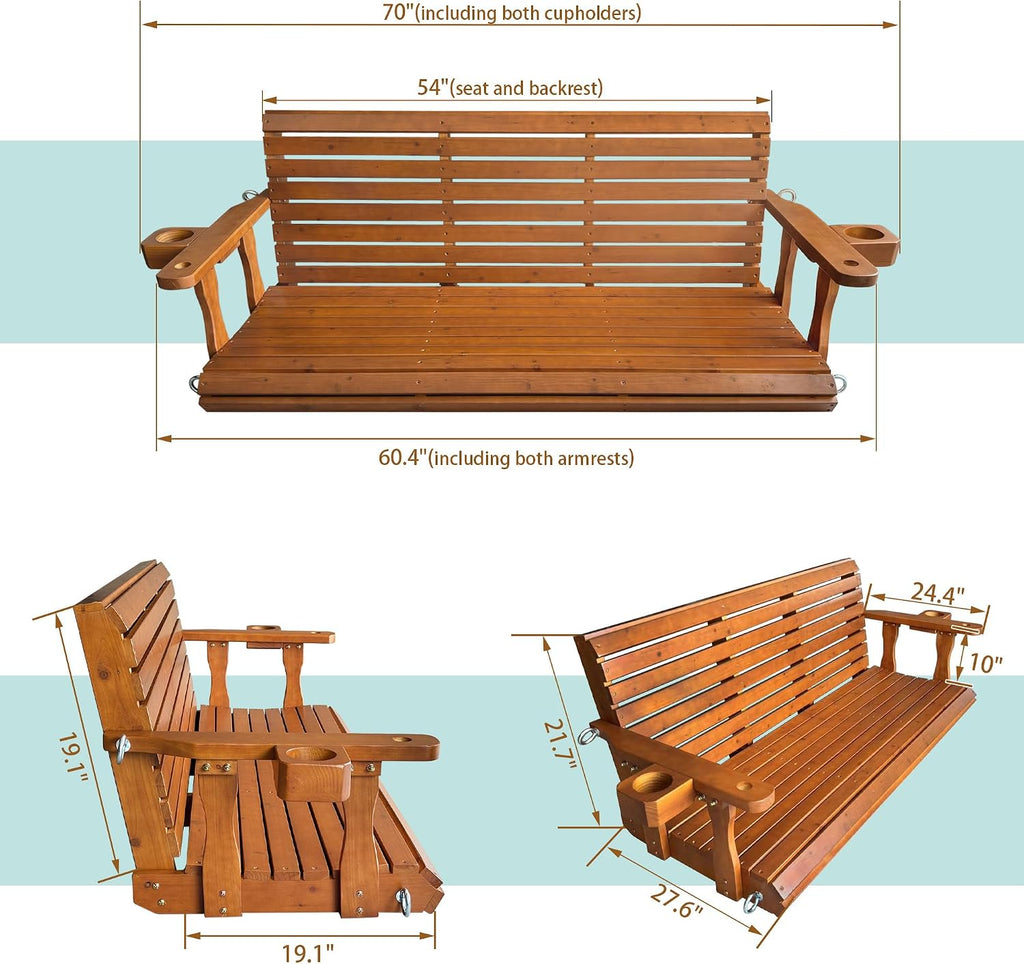 Wooden Porch Swing 3-Seater, Bench Swing with Cupholders, Hanging Chains and 7mm Springs, Heavy Duty 800 LBS, for Outdoor Patio Garden (Warm Teak Color, 5 FT Extra Large)