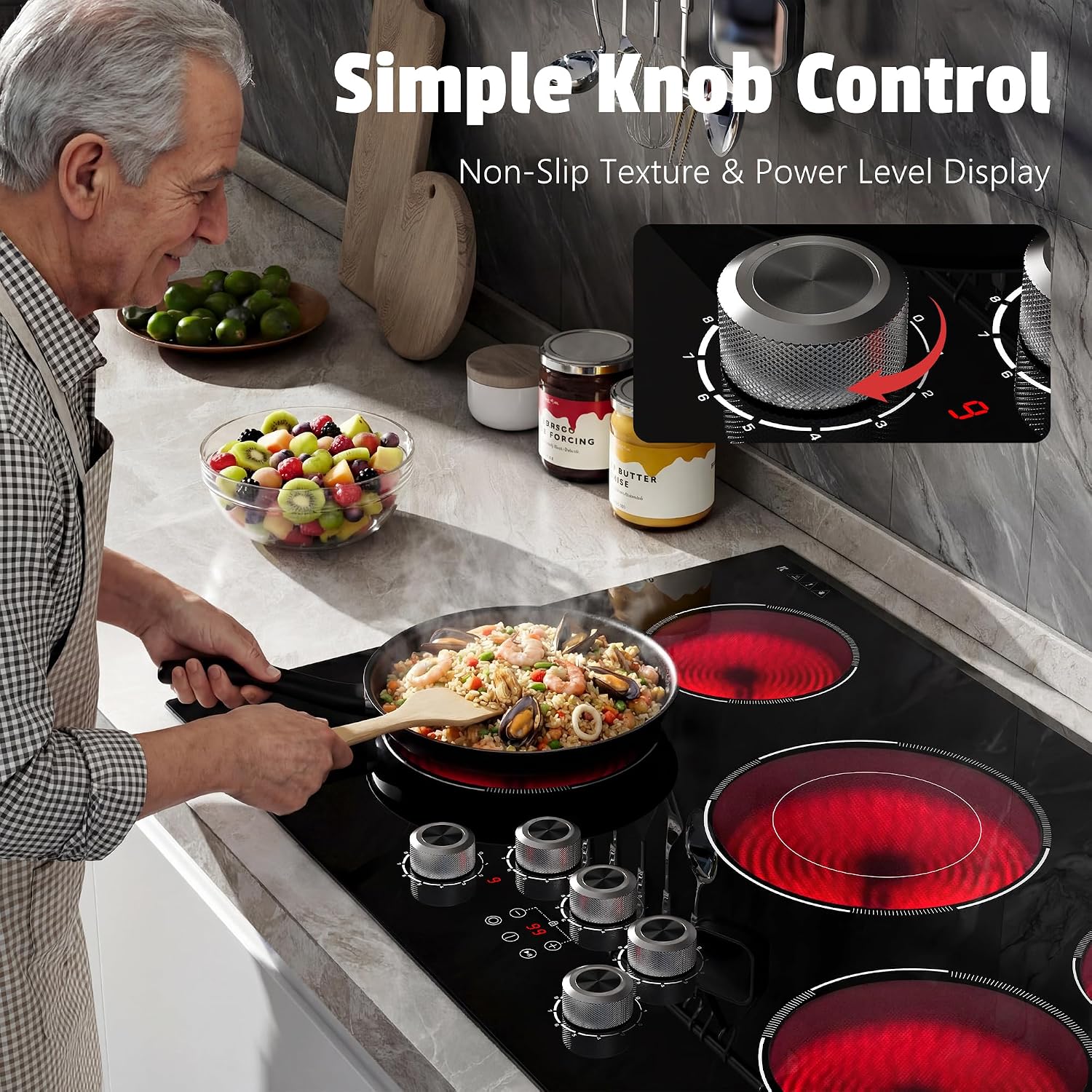 30 Inch Electric Cooktop Karienvir, 5 Burner Cooktop 8500W Built-in Electric Stove Top, Anti-slip Knob & Touch Control, Dual-Ring Burner, 30' Safety Lock, Timer, 220V Hardwired