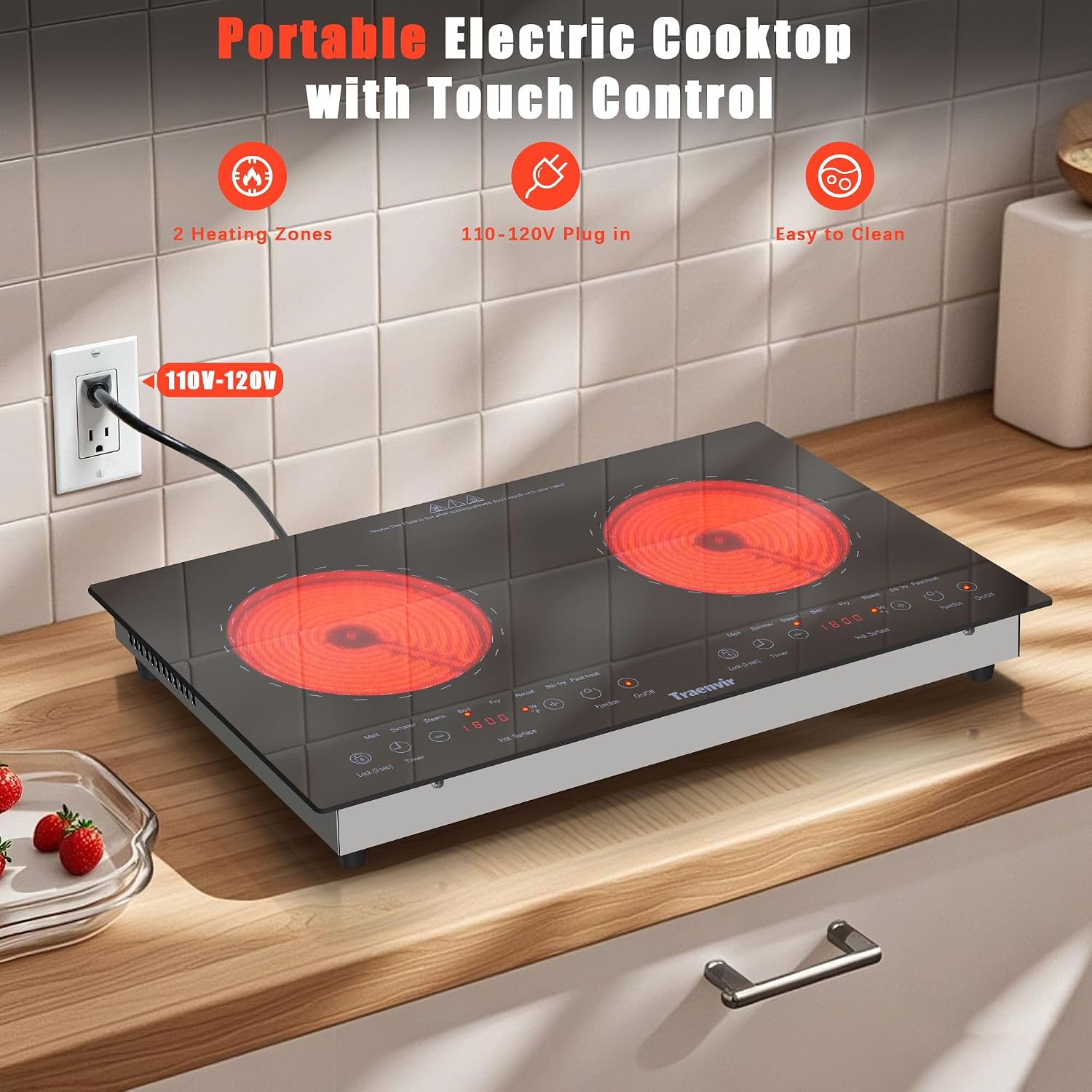 2 Burner Electric Cooktop, Two Burner Ceramic Cooktop 2000W, 24 Inch Countertop & Built-in Electric Stove top for Camping, Outdoor, Child Lock, Timer, 8 Power Levels, 110V-120V Plug in, Blue