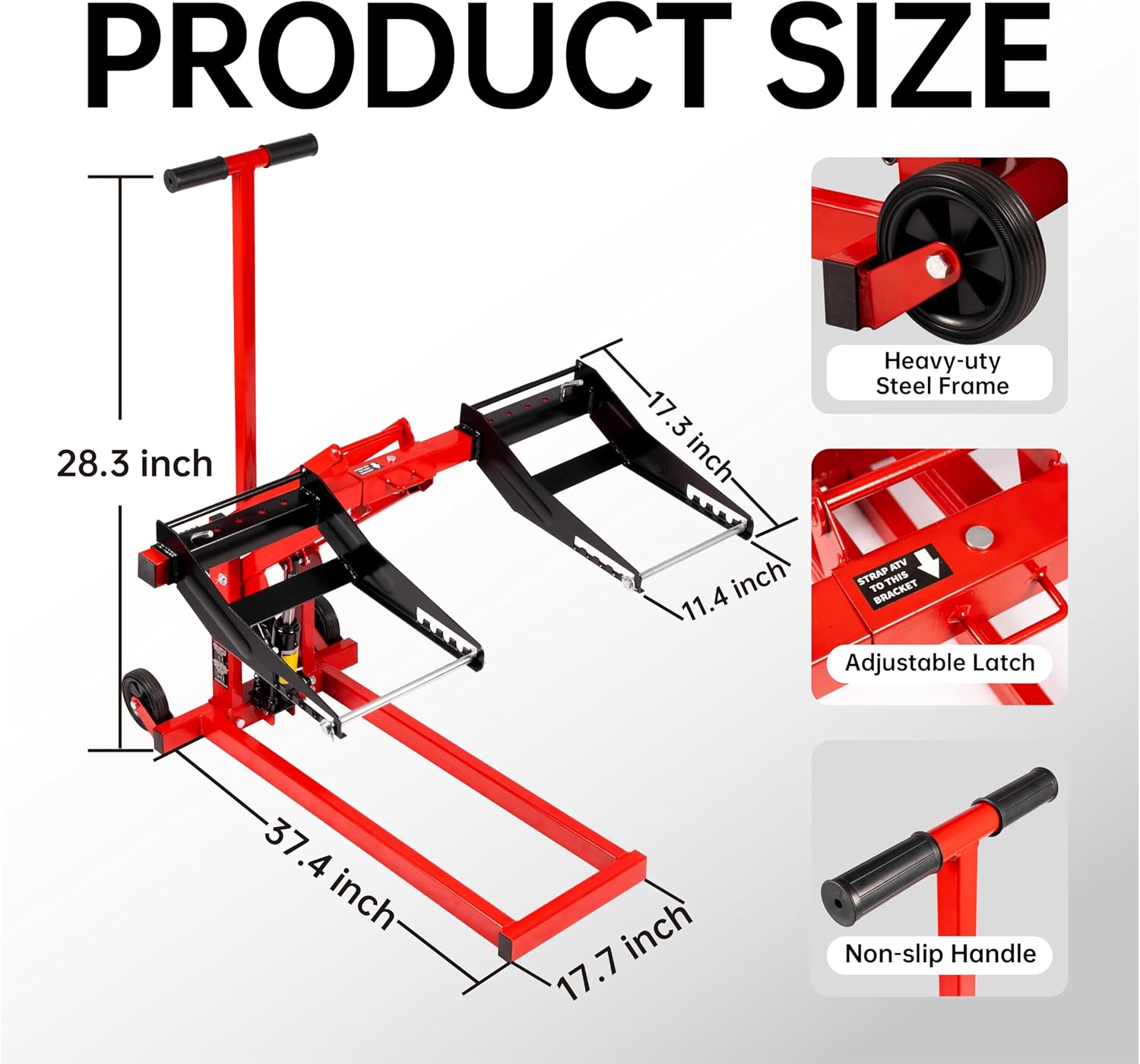 300lb Capacity, Adjustable Riding Lift Jack Heavy Duty Construction with Safety Lock, Non-Slip Wheels&Handle for Tractors, Atvs and Zero Turn Lawn Mowers