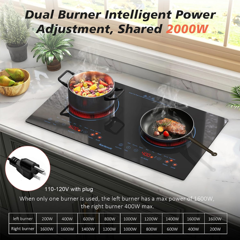 2 Burner Electric Cooktop 110v, 24 Inch Electric Stove Countertop & Built-in, Plug-in Electrics Cooktop, 8 Power Levels & 8 Functions, Touch Control, Safety Lock, Timer, 2000W, Blue