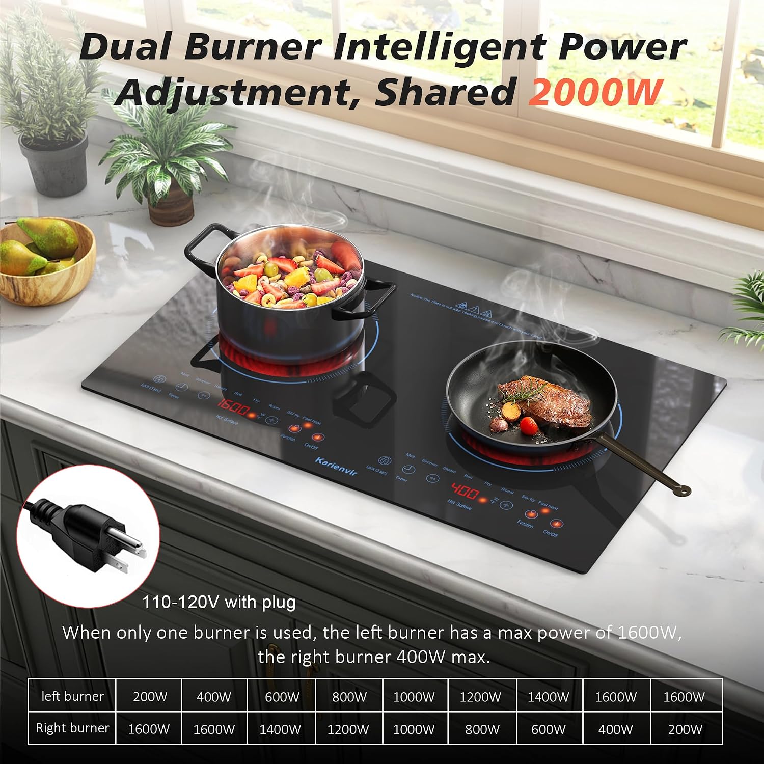 2 Burner Electric Cooktop 110v, 24 Inch Electric Stove Countertop & Built-in, Plug-in Electrics Cooktop, 8 Power Levels & 8 Functions, Touch Control, Safety Lock, Timer, 2000W, Blue