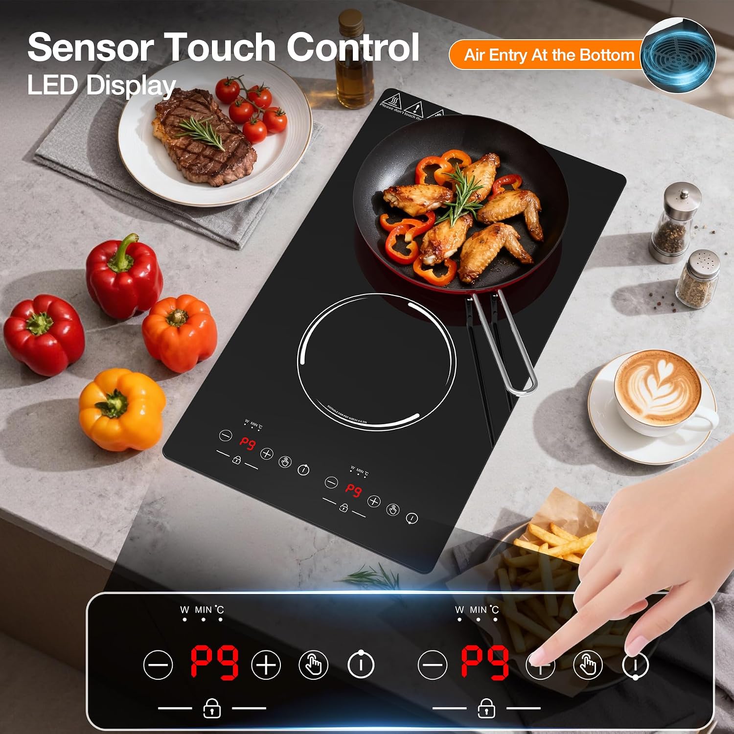 Double Induction Cooktop, Portable Induction Stove Hot Plate with 9-Level Touch Control, Safety Lock, Auto Shutoff Timer Setting, Overheating Protection for Apartments, RVs, Camping