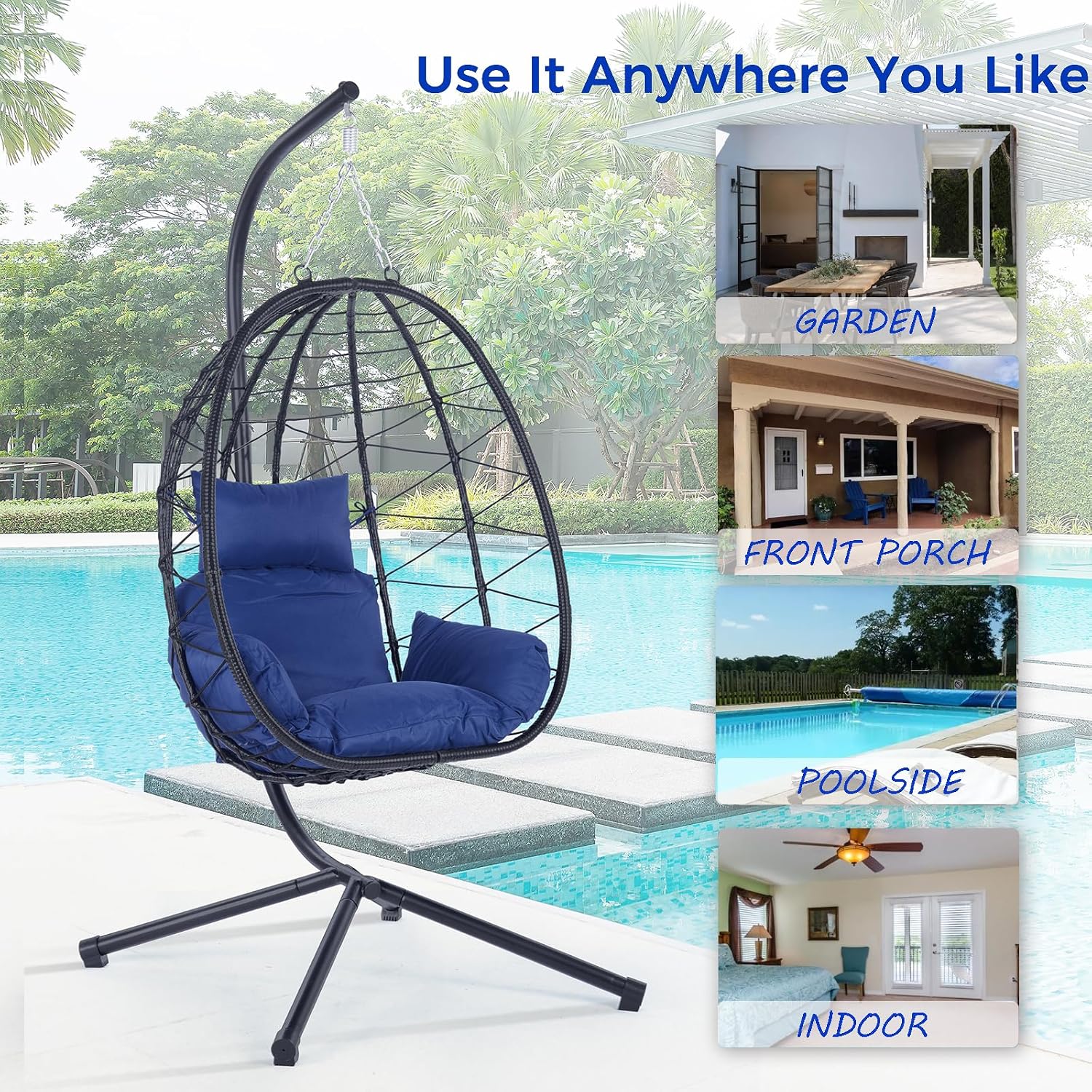 Hanging Egg Chair with Stand, Black Wicker Rattan Swing Egg Chair, Indoor Outdoor Swing Chair for Patio Balcony Porch Bedroom, 350 LBS Capacity (Navy Blue)