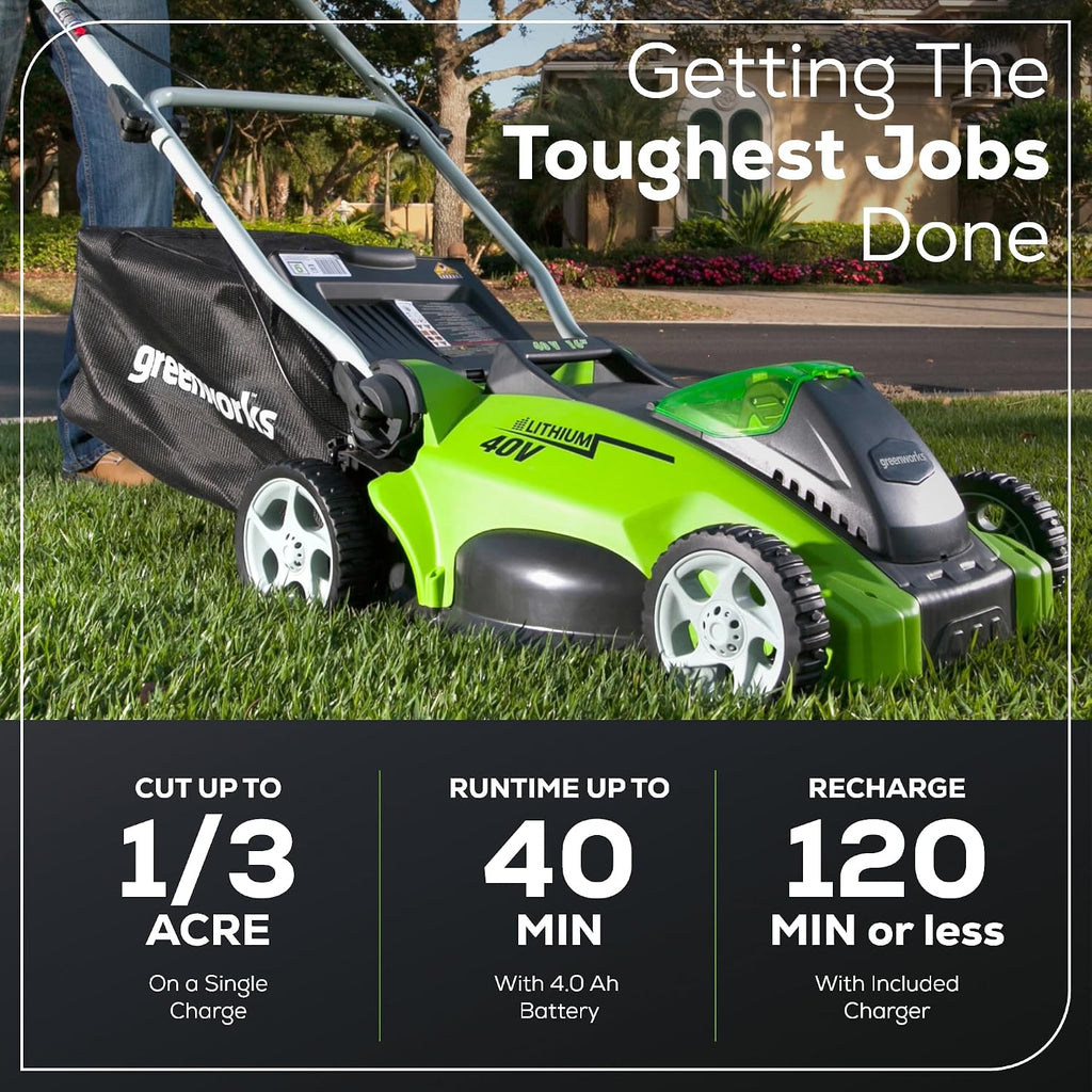 Greenworks 40V 16' (Push) Cordless Lawn Mower, 4.0Ah Battery (1/3 Acre, Push Button Start, Compatible with 75+ Tools)
