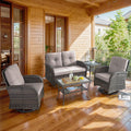 5 Piece Patio Furniture Set - Wicker Patio Conversation Set with Swivel Glider, Glider Loveseat, Tempered Glass Side Table and Coffee Table for Deck Backyard - Brown Wicker Beige Cushion