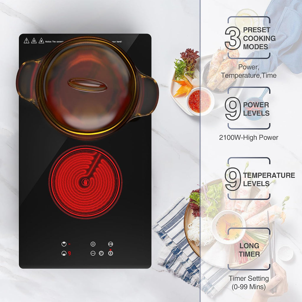 GIHETKUT Electric Cooktop,Built-in and Countertop Electric Stove Top, 2100W 110V Electric Burner 9 Heating Level, Timer & Kid Safety Lock, Sensor Touch Control 2 Burner Electric Cooktop.