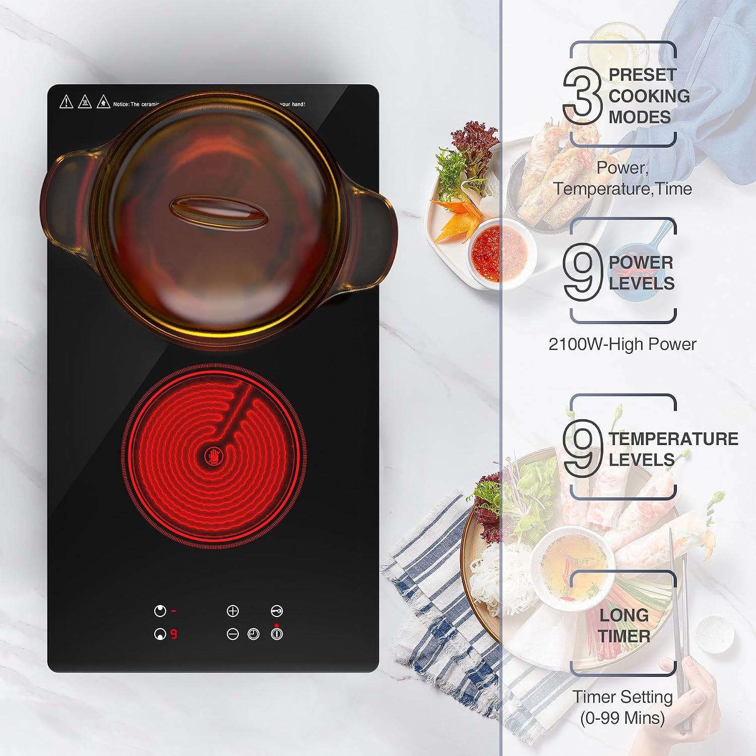 GIHETKUT Electric Cooktop,Built-in and Countertop Electric Stove Top, 2100W 110V Electric Burner 9 Heating Level, Timer & Kid Safety Lock, Sensor Touch Control 2 Burner Electric Cooktop.