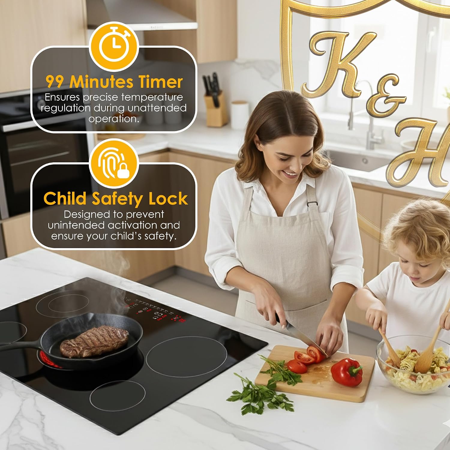 K&H 5 Burner Electric Cooktop - 30 Inch Built-In Radiant Ceramic Stove Top - 9 Power Levels & Touch Control, Compatible with All Cookware, 240V, 9000W High-Power Built-in Electric Stove, CE30-8808NF