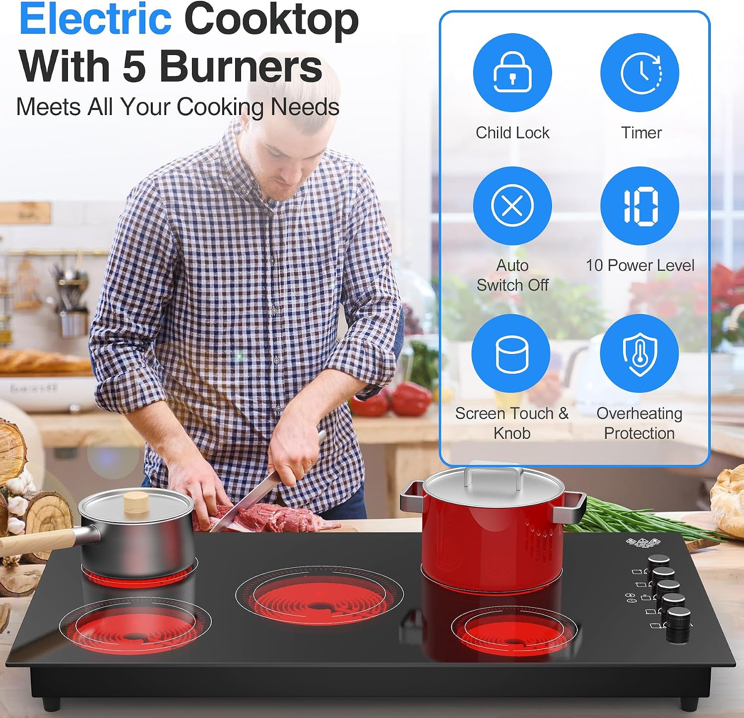 VBGK Electric Cooktop 36 inch,Built-in 36 inch Electric Cooktop 8000W Power Control by Knob, 36 induction cooktop with 9 Power Levels with Child Safety Lock, Timer,Over-Temperature 220V-240V.