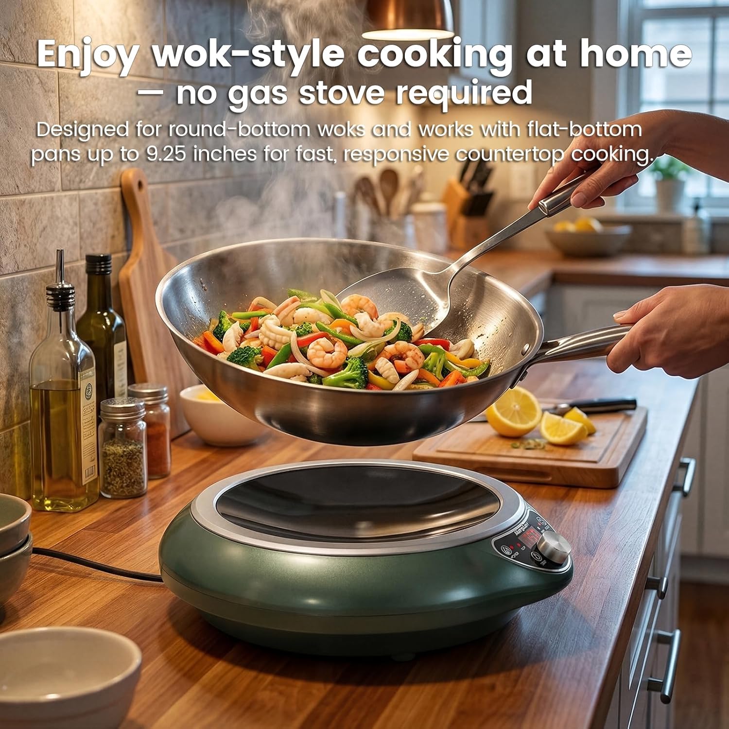 1700W 120V Concave Induction Wok Cooktop with Stainless Steel Wok, Non-Pulse Continuous Heating, 16 Power Levels, Portable Countertop Burner for Round-Bottom Woks & Stir-Fry Cooking