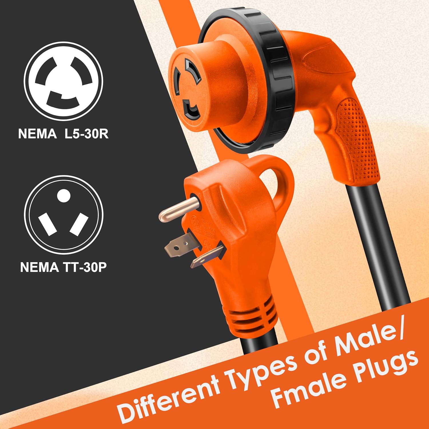 30 Amp RV Extension Cord,50 ft,Heavy Duty Generator Extension Cord with LED Power Indicator,30 AMP Female 90° Twist Lock Adapter with Reverse Polarity Lamp,NEMA TT-30P to L5-30R,120V/125V