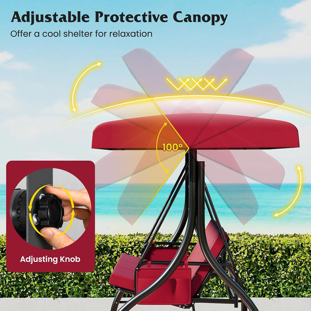 Tangkula 3 Person Porch Swing, 2-in-1 Convertible Outdoor Swing with Adjustable Canopy, Removable Cushions, Metal Frame, Side Pockets for Backyard, Garden, Porch (Burgundy)