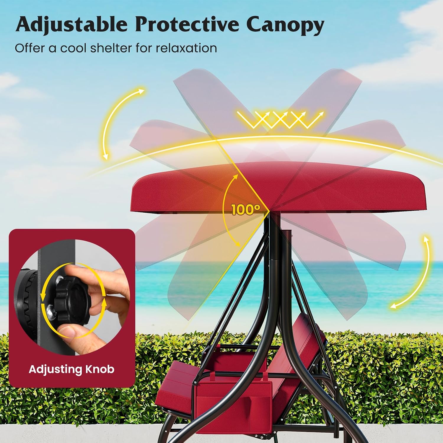 Tangkula 3 Person Porch Swing, 2-in-1 Convertible Outdoor Swing with Adjustable Canopy, Removable Cushions, Metal Frame, Side Pockets for Backyard, Garden, Porch (Burgundy)