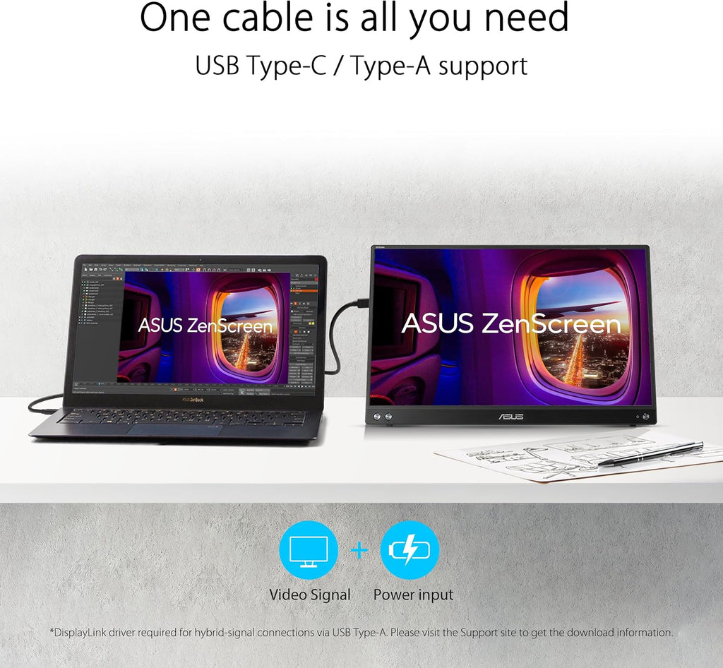 ASUS ZenScreen 15.6' 1080P Portable Monitor (MB16ACVR) - Full HD, IPS, Eye Care, Flicker Free, Blue Light Filter, Kickstand, USB-C Power Delivery, for Laptop, PC, Phone, Console