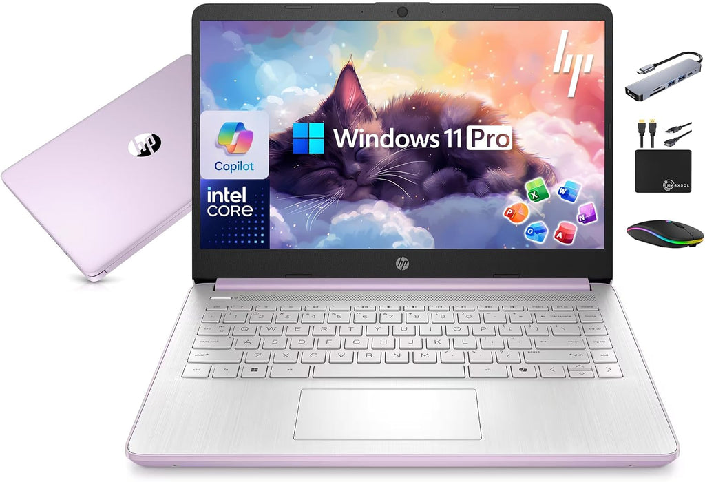 HP 14' Laptop Computer 2025-2026 Business Student, Copilot AI, Lifetime Office, 4-Core Intel CPU, 8GB RAM, 628GB Storage (128GB UFS +500GB Ext) Wi-Fi 6, 10+ Hrs, MarxsolAccessory, Win 11 Pro, Lavender