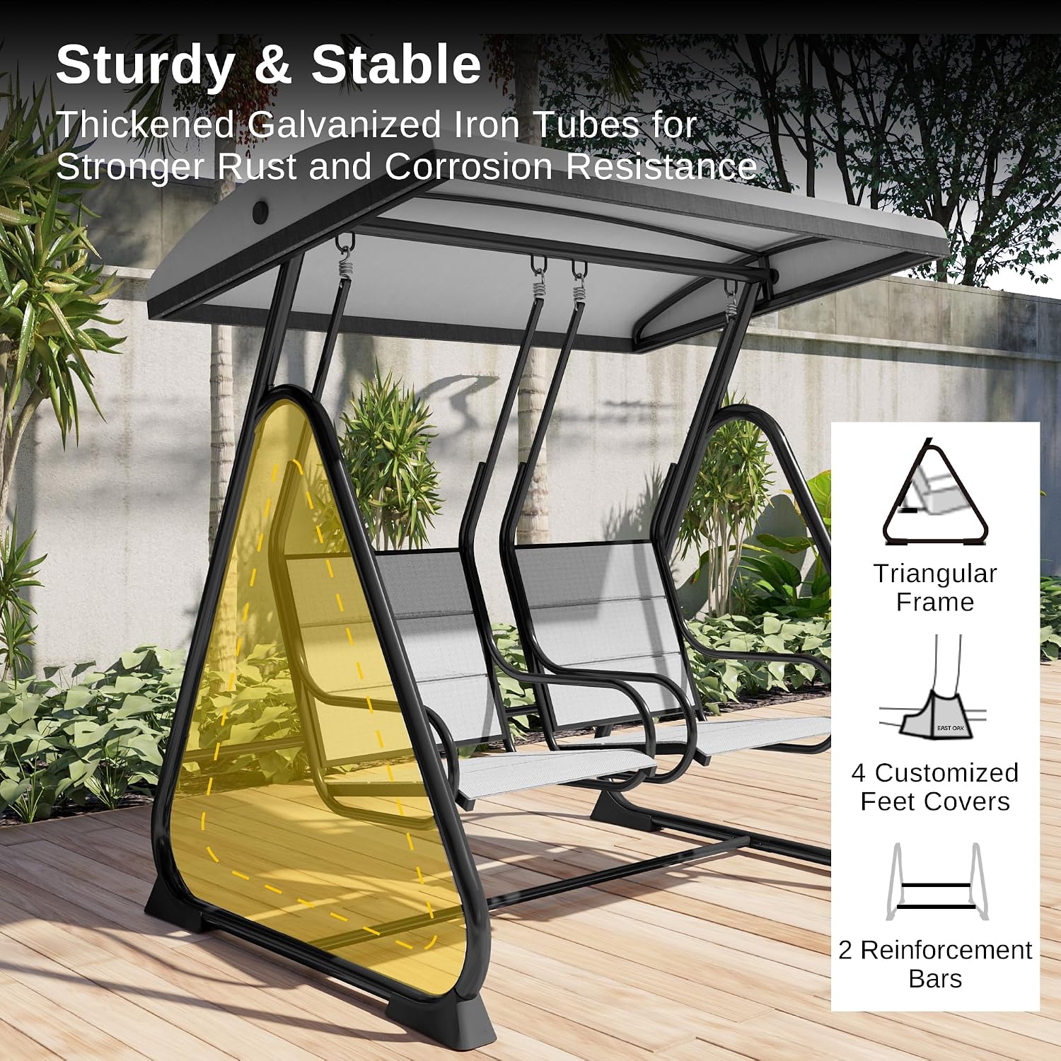East Oak 2-Person Outdoor Patio Swing Chair with Adjustable Canopy, Porch Swing with Comfortable and Breathable Seats, Independent Swing Chairs for Garden, Balcony, Backyard, Charcoal Black