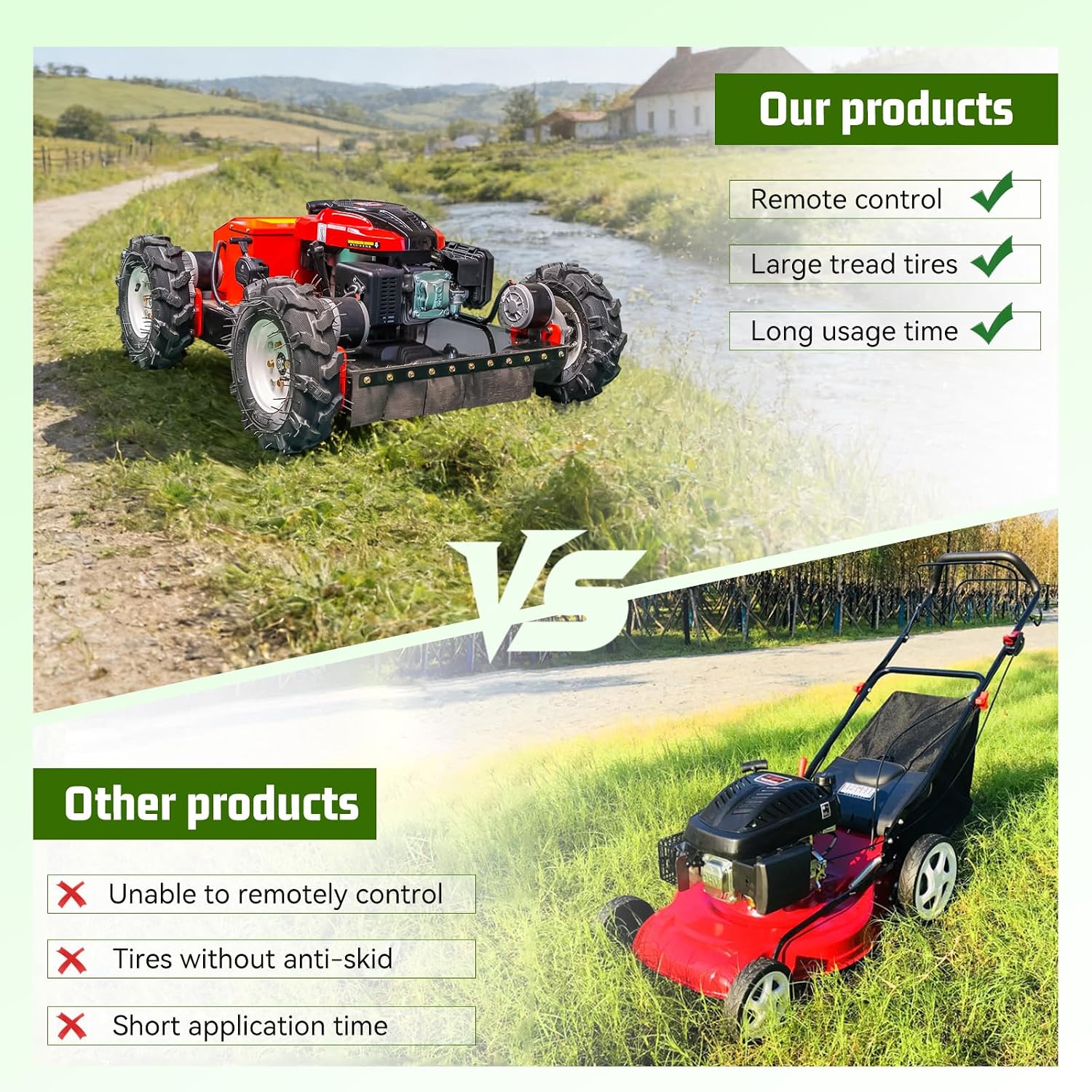 Remote Controlled Lawnmower Oil-Electric Hybrid Four-Wheel Drive Lawn Mowing and Weed Whacker, All Terrain Grass Cutter Yard Mower High Controllability