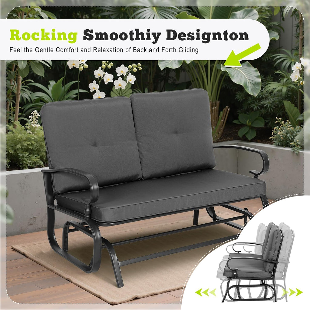 Outdoor Bench Patio Swing Glider Loveseat 2 Seats Rocking Chair, Wrought Iron Gliders for Outside Patio with Cushion (Grey)