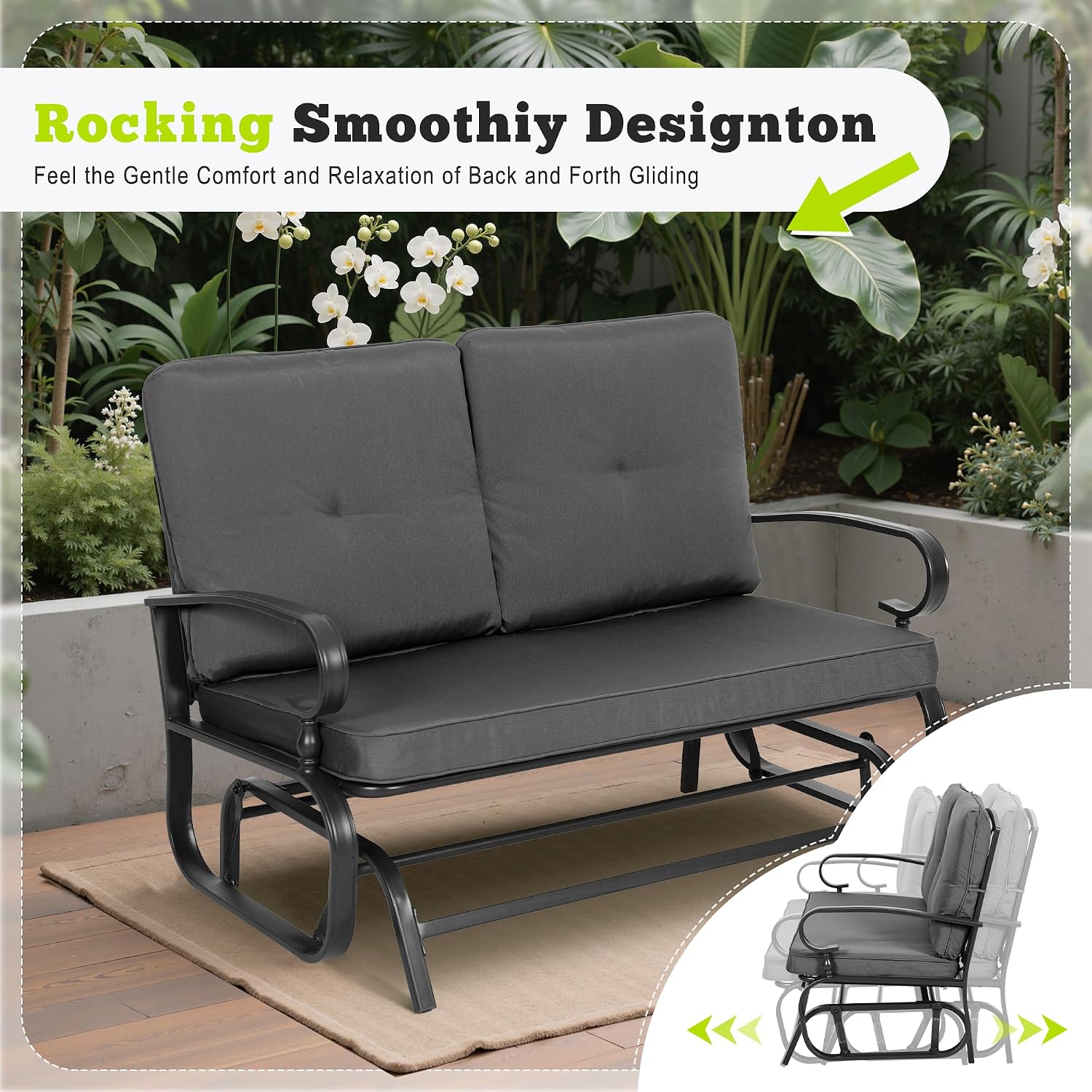 Outdoor Bench Patio Swing Glider Loveseat 2 Seats Rocking Chair, Wrought Iron Gliders for Outside Patio with Cushion (Grey)