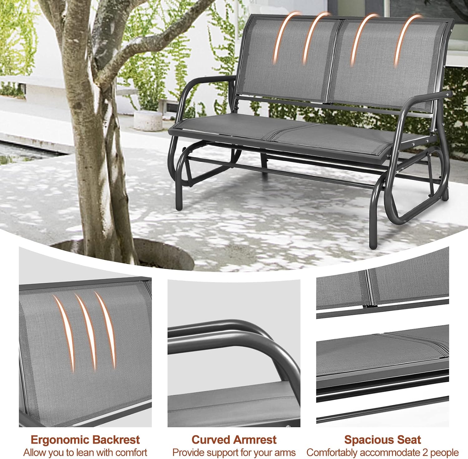 Tangkula 2 Person Patio Glider, Outdoor Swing Bench, Rocker Glider Loveseat Chair with Heavy-Duty Steel Frame, Breathable Seat Fabric, Rocking Lounge Chair for Poolside, Garden, Backyard, Porch (Gray)