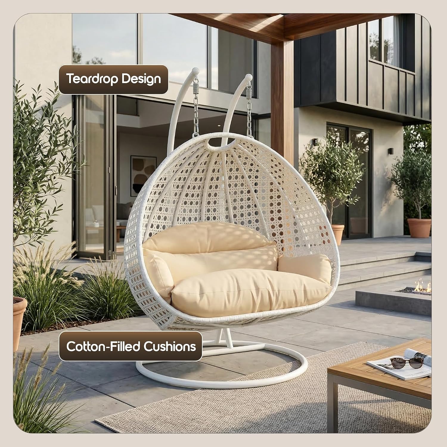 LeisureMod 2 Person Wicker Egg Chair Outdoor Indoor Bedroom Patio Hanging Lounge Swing Hammock Chairs with White Stand and UV Resistant Cushions (Cream)