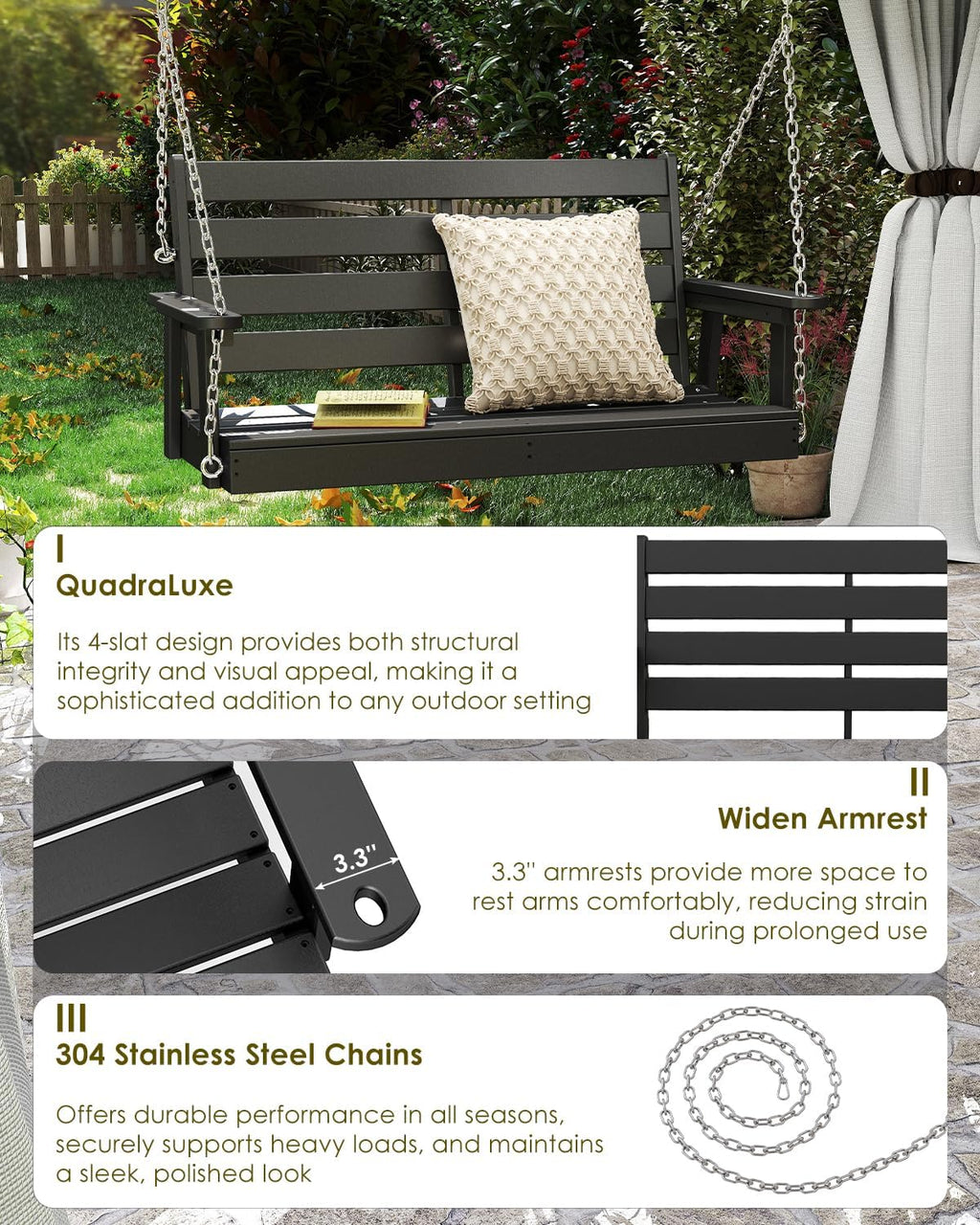 GREENVINES Porch Swing | 51'' | HDPE Plastic | for Outdoor Patio | All Weather | Waterproof Bench Swings | w/ 4 Stainless Steel Chains | Black