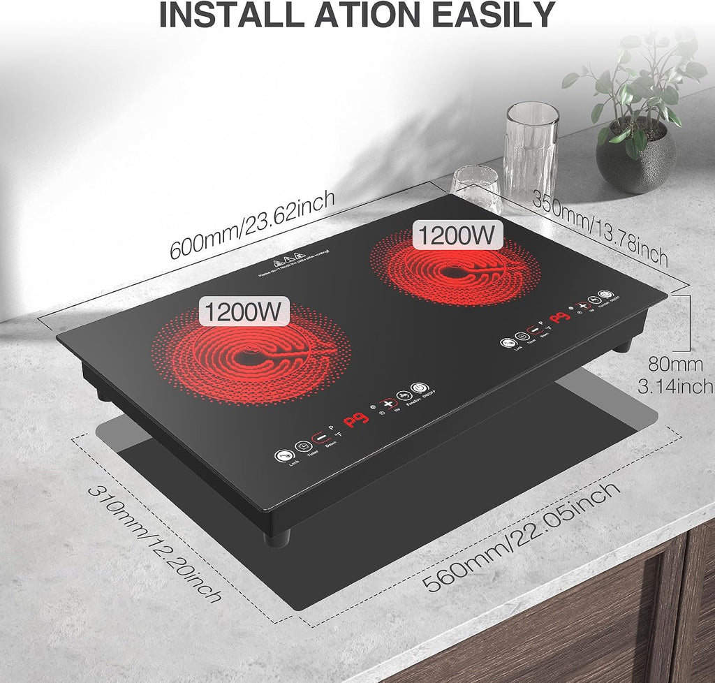 Electric Cooktop, 24 Inch 2 Burner Cooktop 110V, Built-in and Countertop Stove Top Plug in, 2400W Electric Stove, Compatible for All Cookware,Timer & Kid Safety Lock
