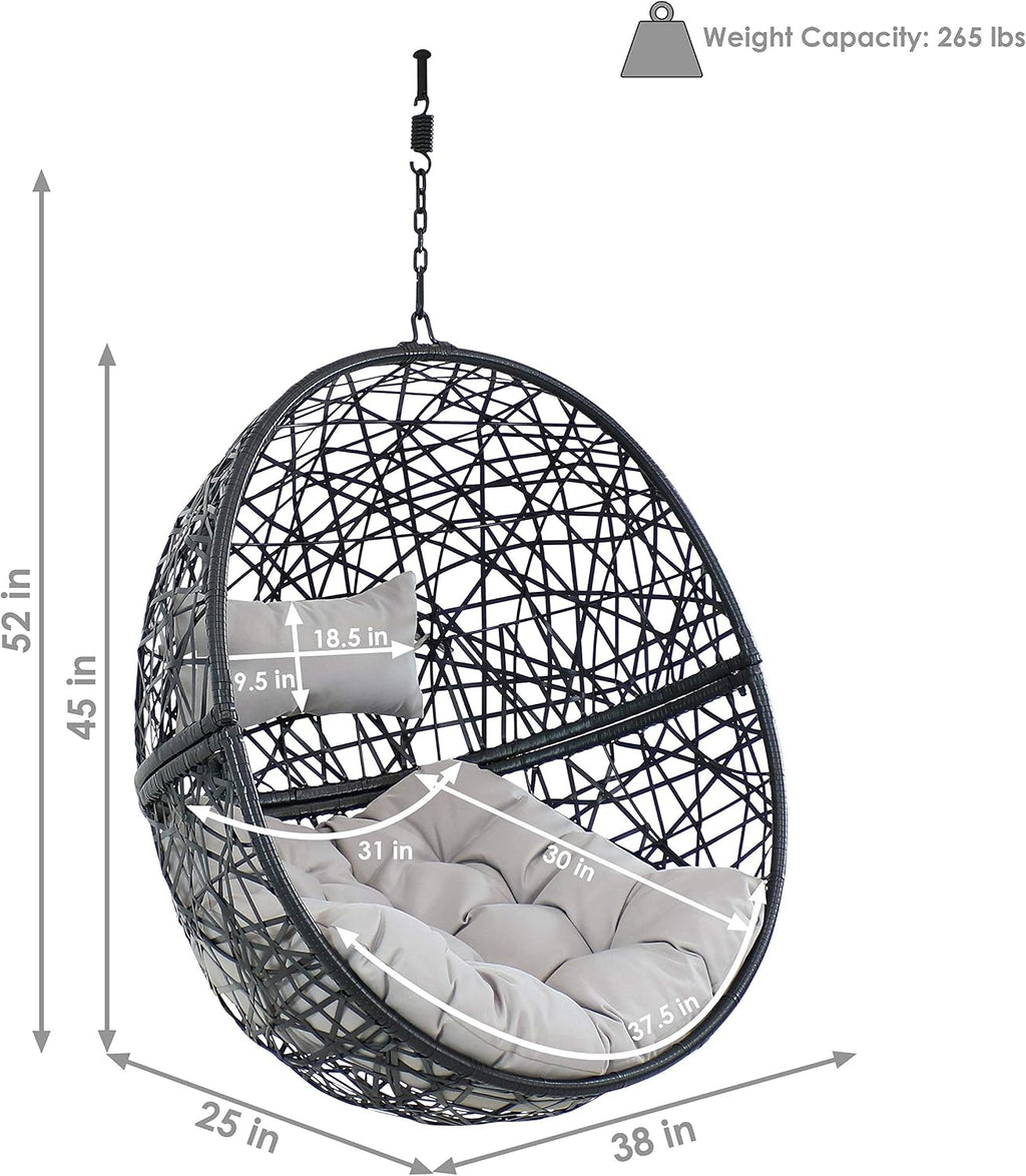 Sunnydaze Jackson Resin Wicker Hanging Egg Chair - 265-Pound Weight Capacity - Removable Gray Polyester Cushions