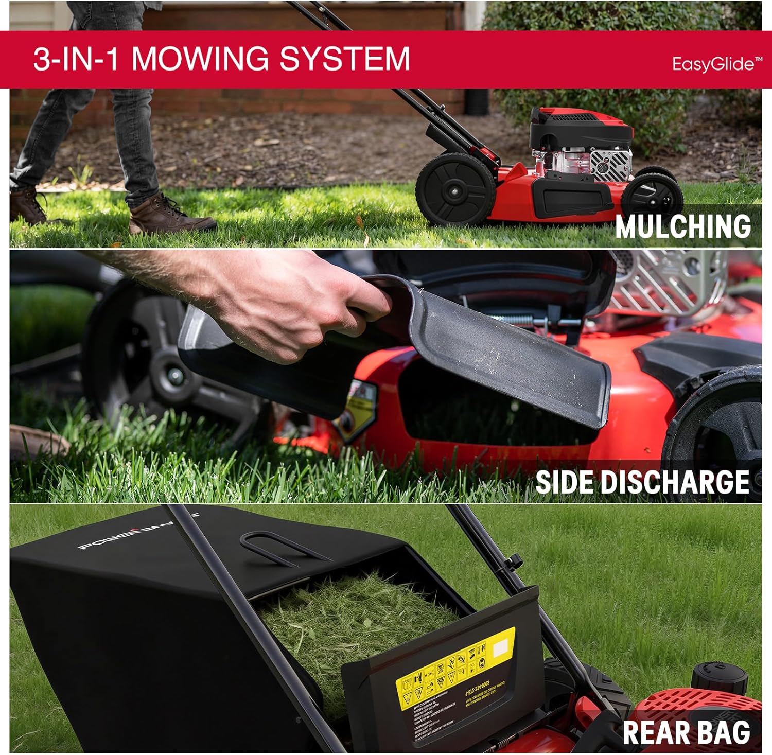 PowerSmart EasyGlide 21-Inch Gas Lawn Mower, 144cc 4-Stroke OHV Engine, Push Walk-Behind, 3-in-1 Mulch/Bag/Side Discharge, Steel Deck, 6 Height Adjustment