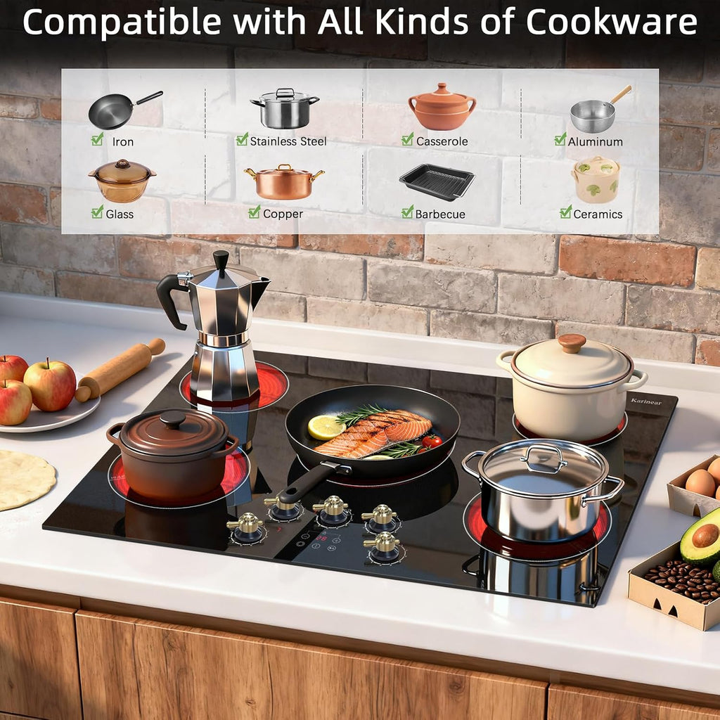 Karinear Electric Cooktop 30 Inch, 5 Burner Radiant Cooktop with Knob & Touch Control, 8500W 240V Built-in Stove Top, 9 Power Levels, Timer, Child Lock, Pause, Residual Heat Indicator(Gold Knob)
