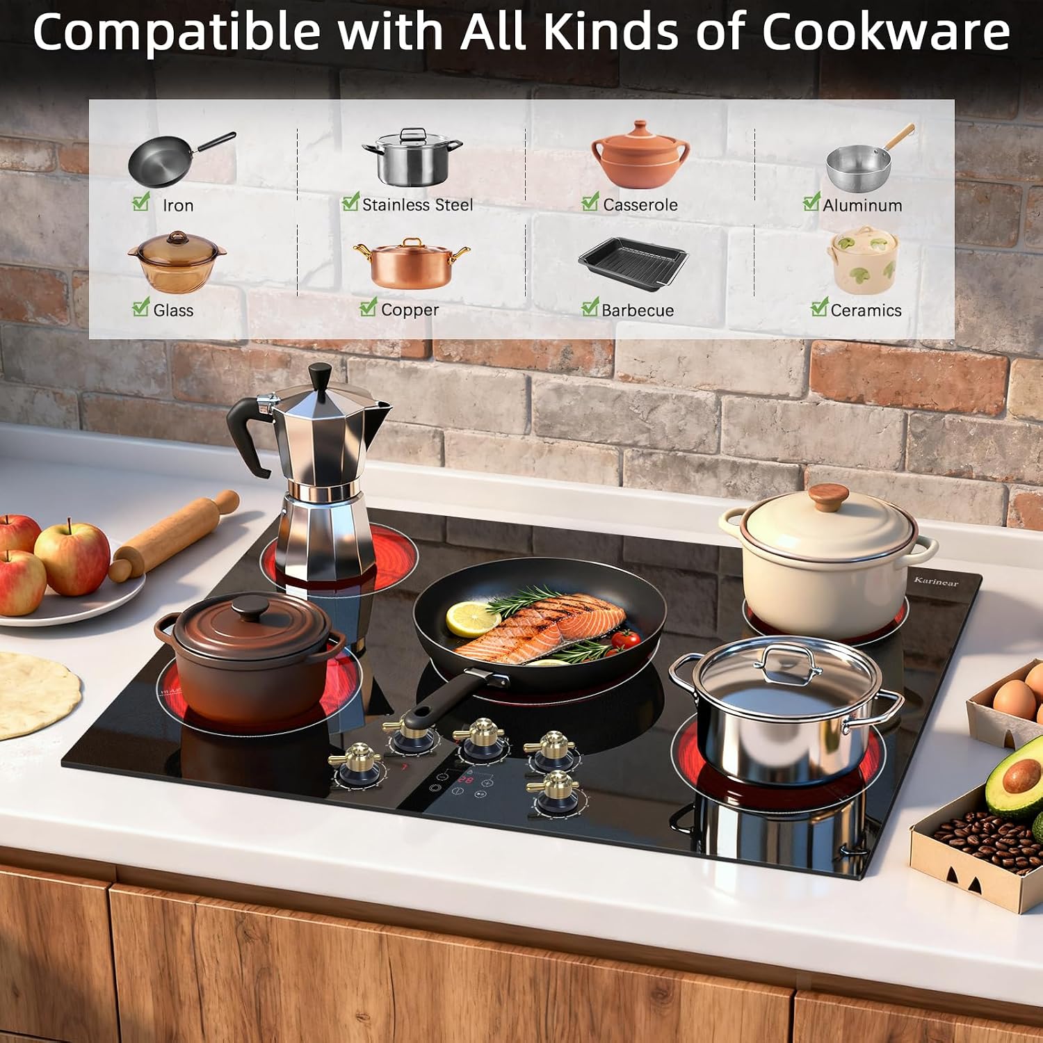 Karinear Electric Cooktop 30 Inch, 5 Burner Radiant Cooktop with Knob & Touch Control, 8500W 240V Built-in Stove Top, 9 Power Levels, Timer, Child Lock, Pause, Residual Heat Indicator(Gold Knob)