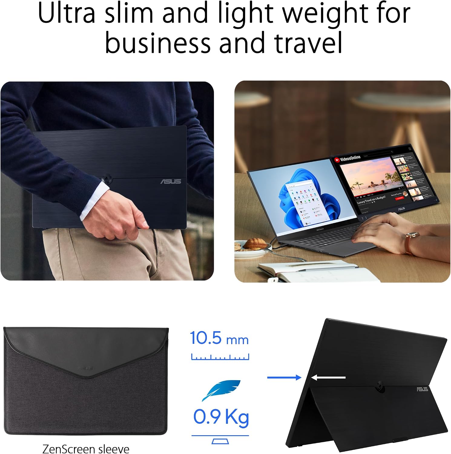 ASUS ZenScreen 15.6' 1080P Portable Monitor (MB16ACVR) - Full HD, IPS, Eye Care, Flicker Free, Blue Light Filter, Kickstand, USB-C Power Delivery, for Laptop, PC, Phone, Console