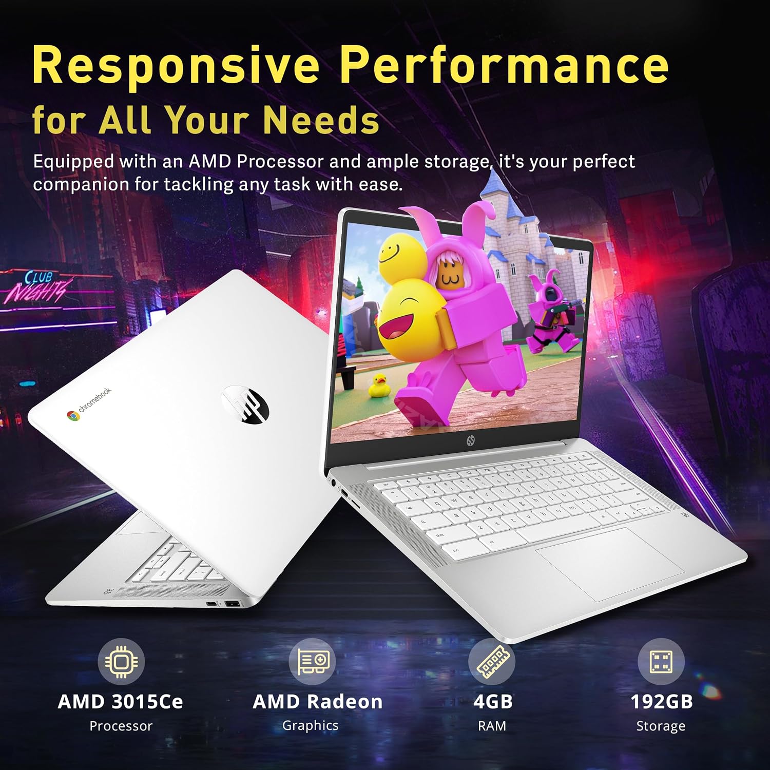 HP Chromebook 14' FHD IPS Laptop, AMD 3015Ce, 4GB RAM, 192GB Storage(32GB eMMC+160GB Docking Station), AMD Radeon Graphics, 720p HD Camera, HD Audio, Chrome OS, Ceramic White