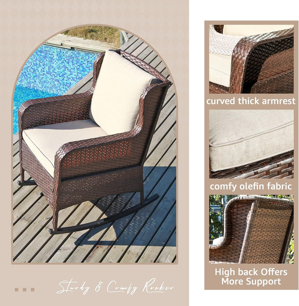 SUNSITT Outdoor Resin Wicker Rocking Chair with Olefin Cushions, Patio Yard Furniture Club Rocker Chair, Brown Wicker & Beige Cushions