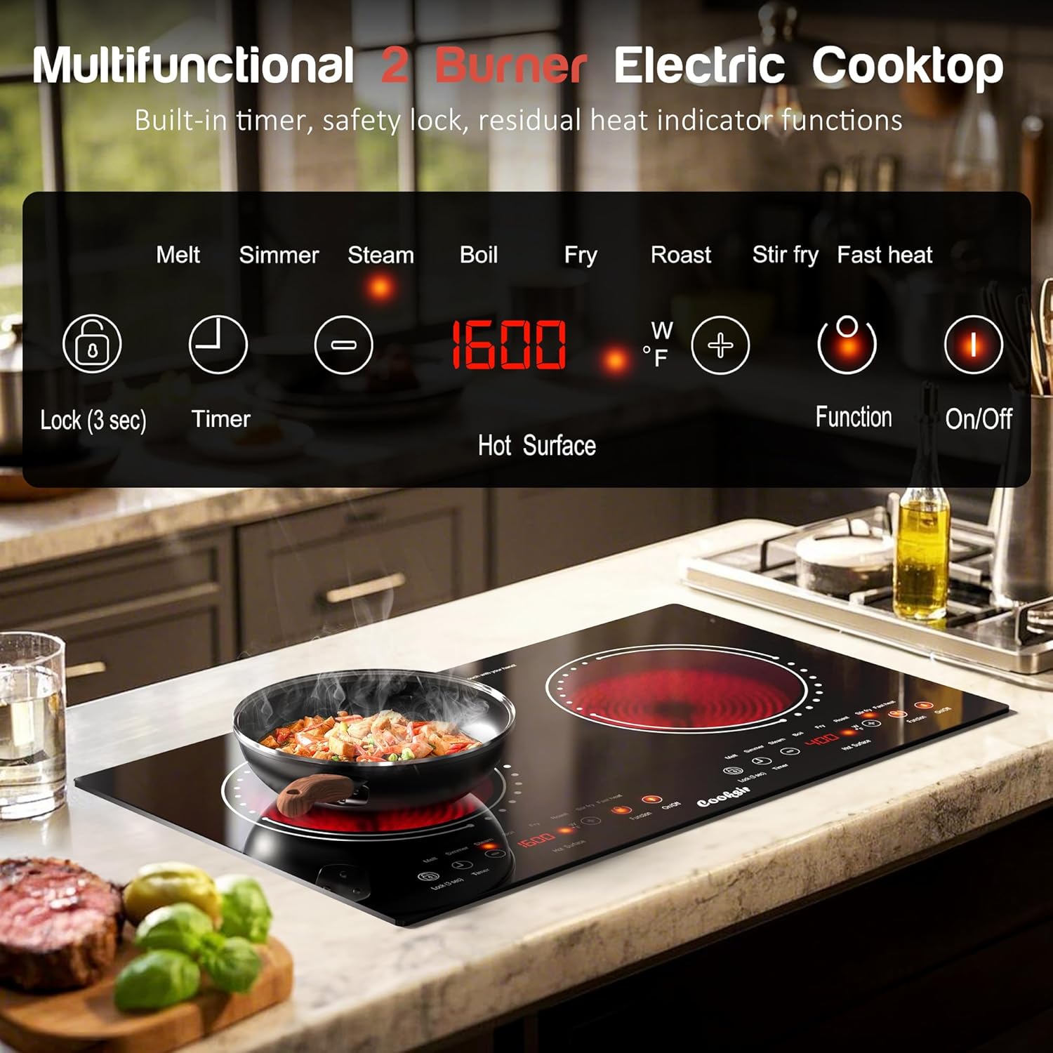 2 Burner Electric Cooktop - 24 Inch(23.6'x 13.8') Built-in & Countertop Electric Stove Top, 120V Double Burner Ceramic Cooktop Portable with Safety Lock, Timer, Touch Control, 110V Plug in