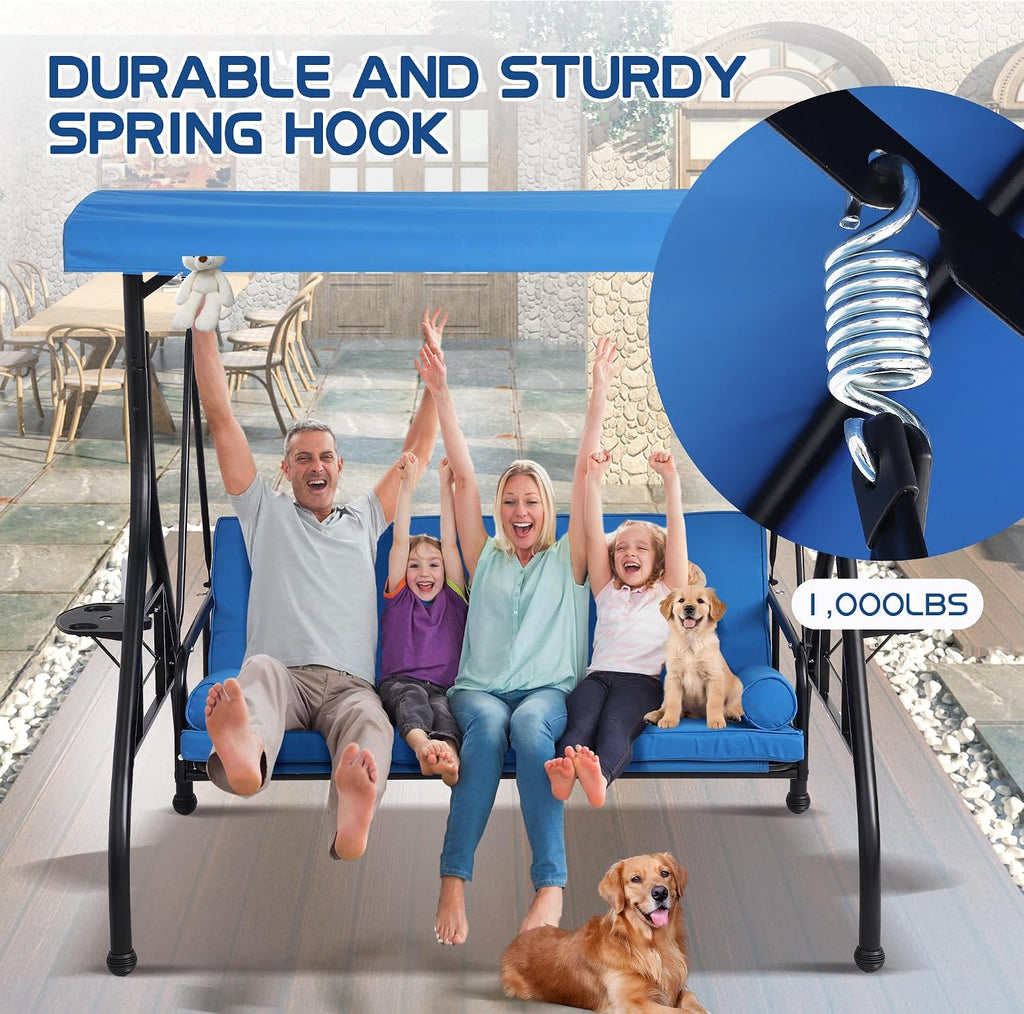 3 Seat Outdoor Porch Swings with Adjustable Canopy - Patio Porch Swing Glider Bench with Stand, Heavy Duty Swing Bed W/Cushions Pillows and Cup Holder for Backyard Garden Lawn Poolside (Blue)
