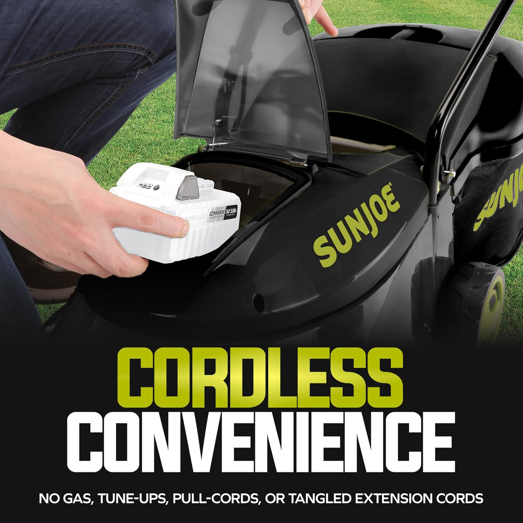 Sun Joe MJ24C-14-XR 24V IONMAX Walk-Behind Lawn Mower with 600W Motor, 14-Inch Mowing Width, Includes Collection Bag, Battery, and Charger