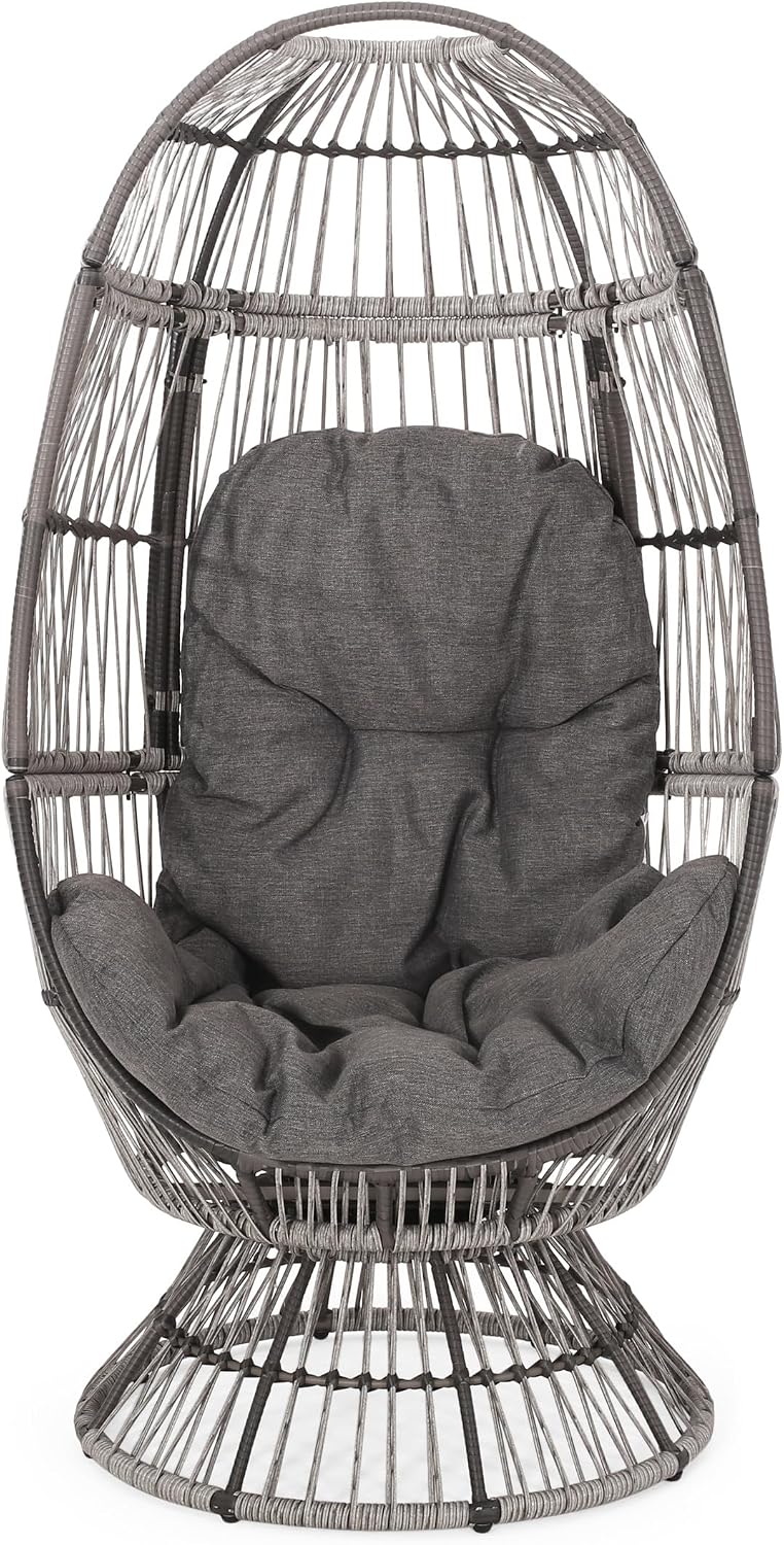 Wicker Egg Chair, Wicker Lounge Chair with Water Resistant Cushion, Indoor Outdoor Lounger for Patio, Backyard, Living Room (Gray)