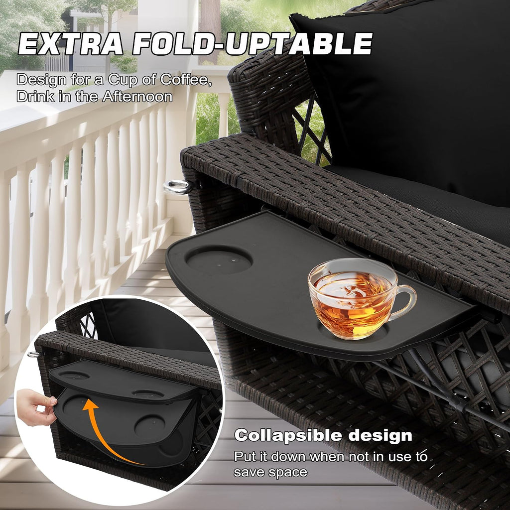 Grepatio Wicker Hanging Porch Swing - Outdoor 3 Person Patio Swing Bench with Cushion & Chains - 3-Seat Porch Swing Chair with Cup Holder for Garden, Yard, Lawn (Black Brown Rattan)