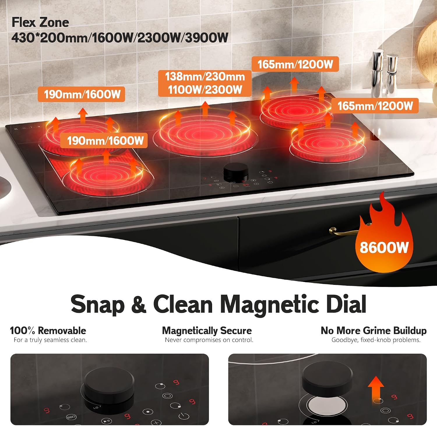 Electric Cooktop 30 Inch, 5 Burner Stove Top Burner 8600W, Built in 30 Inch Electric Cooktop, Magnetic Knob, Expanable Burners & BBQ, Timer, Safety Lock, 220V-240V Hard Wire (No Plug)